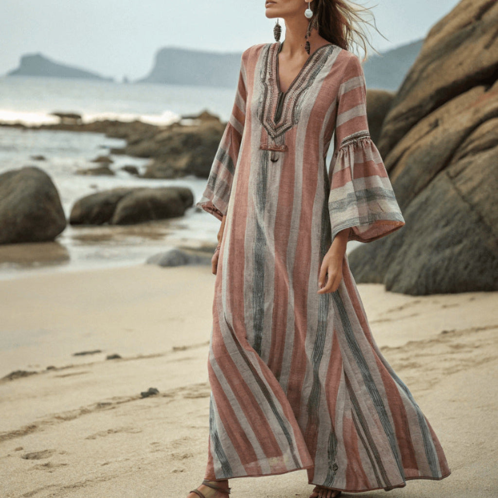 Five-quarter-sleeve Long Caftan Dress With Patch Pockets