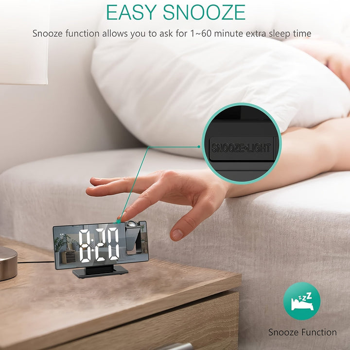 LED-projektionsvækkeur med justerbar 180°-projektion – tydeligt display og snooze-funktion til soveværelse eller kontor