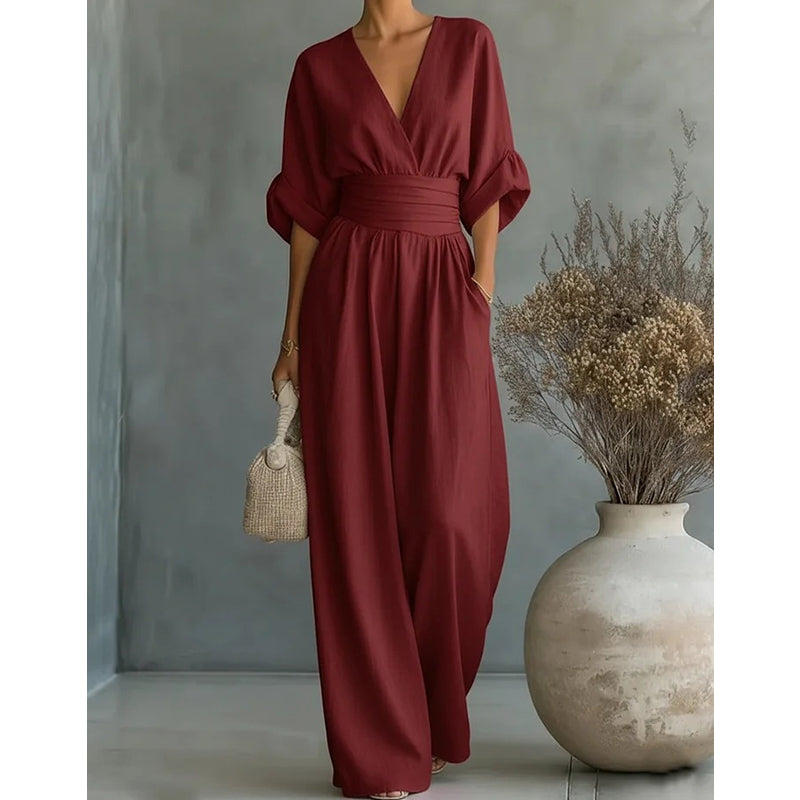 Elegant jumpsuit til kvinder med vidt ben, V-udskæring og flydende snit
