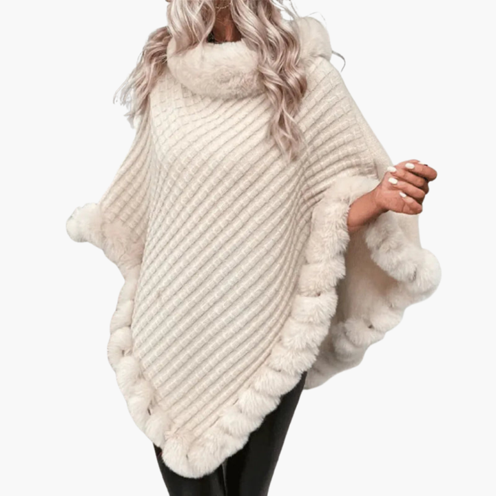 Kvindernes Strikkede Poncho med Falsk Pelskant og Oversized Pasform