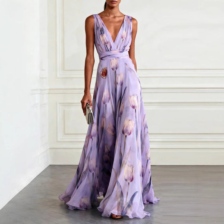 Bluesy Tulip-Print Gown Elegant Flowing Sleeveless V-Neck Chiffon Maxi Dress For Parties And Formal Events
