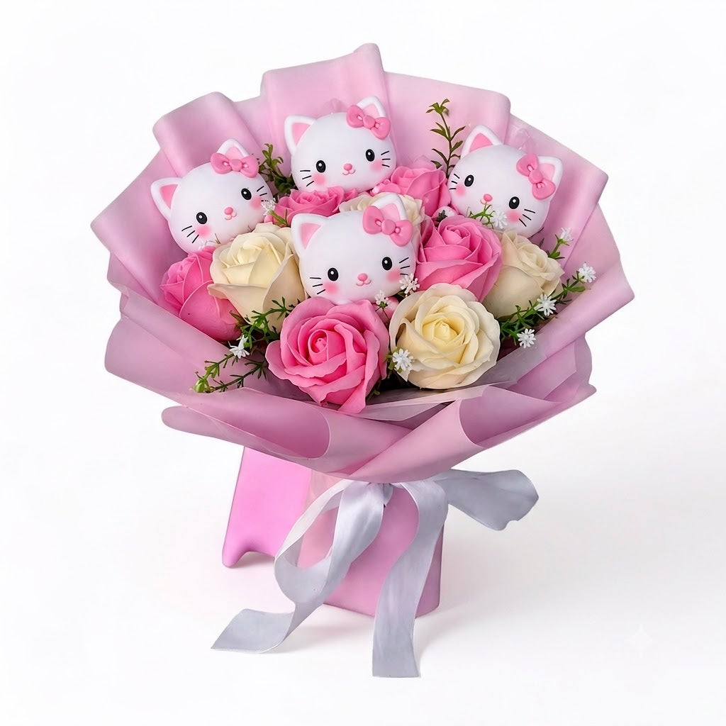 Bouquet af farverige kunstige blomster med Kitty-figurer til gaver og dekoration