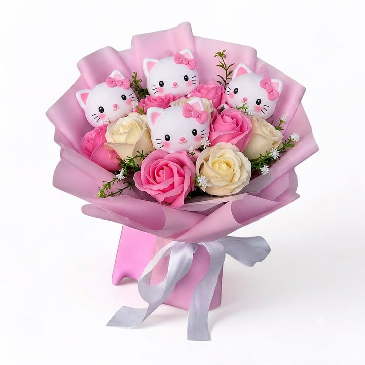 Bouquet af farverige kunstige blomster med Kitty-figurer til gaver og dekoration