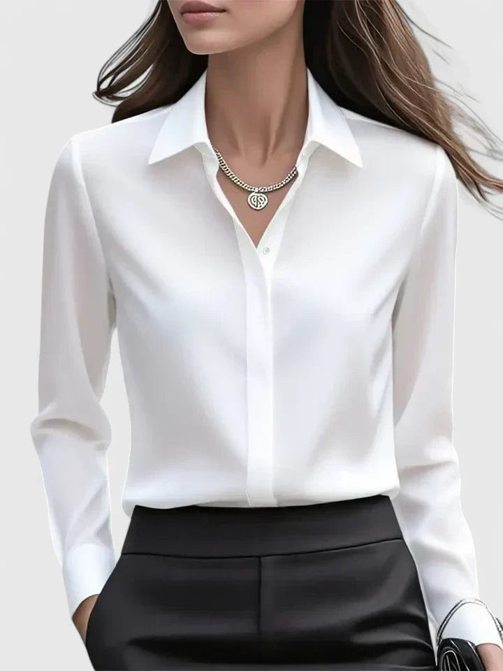 Langærmet satinbluse til damer – elegant kontorbluse