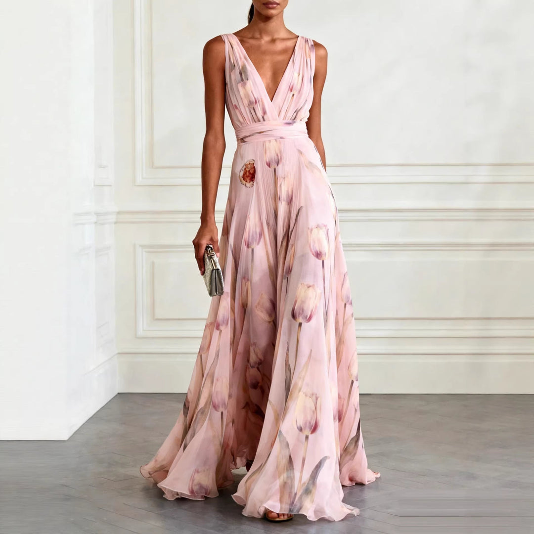 Bluesy Tulip-Print Gown Elegant Flowing Sleeveless V-Neck Chiffon Maxi Dress For Parties And Formal Events