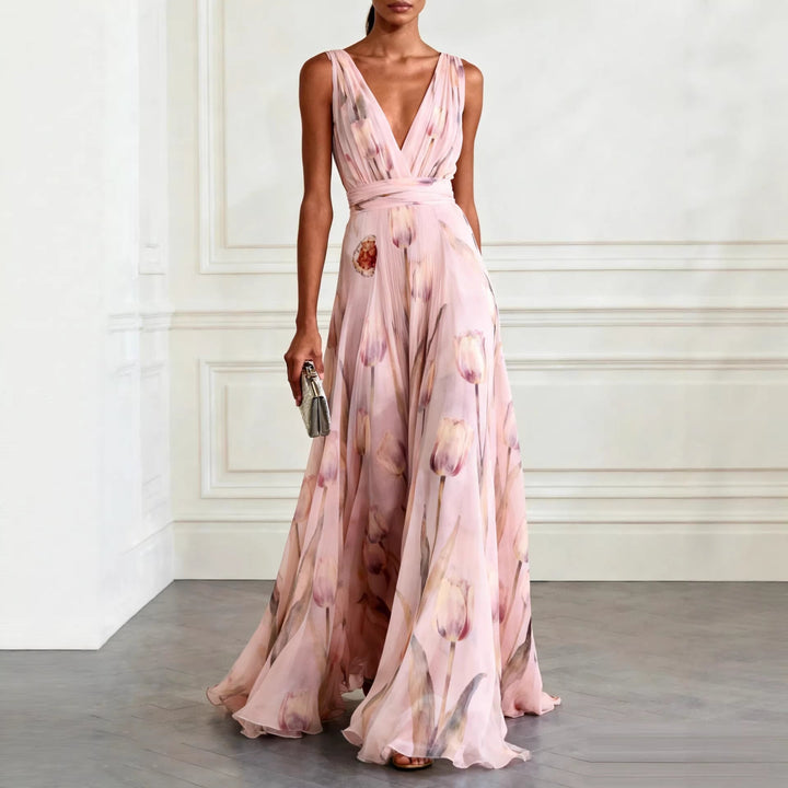 Bluesy Tulip-Print Gown Elegant Flowing Sleeveless V-Neck Chiffon Maxi Dress For Parties And Formal Events