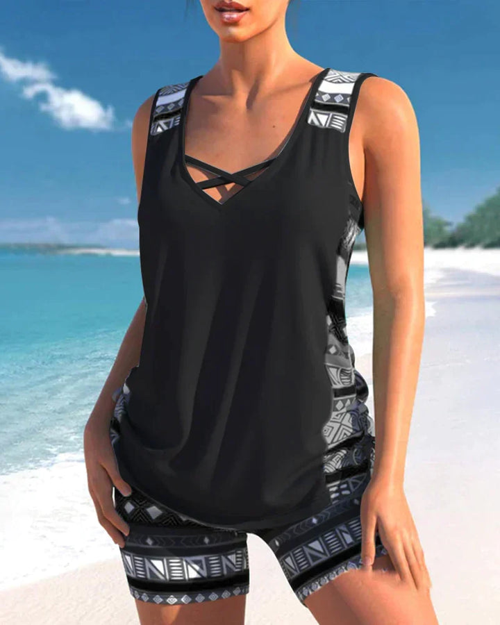 Trendy badetøj med V-hals og geometrisk mønster – Tankini-sæt Madonna