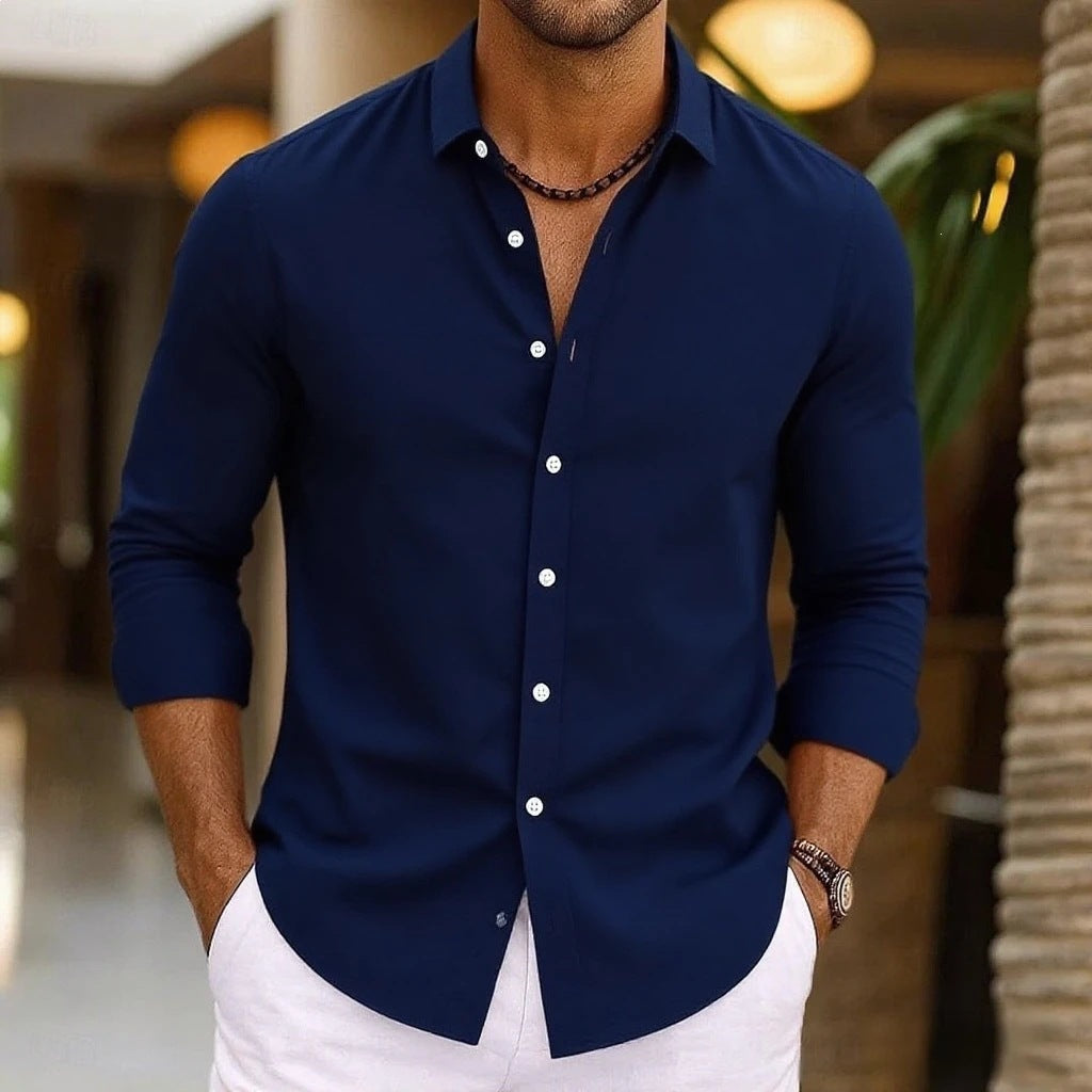 Solid-color Bamboo-viscose Long-sleeve Shirt For Men