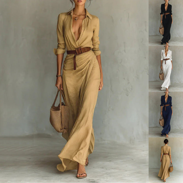 Irregular Long Dress With Belt And Button Lapel Long-Sleeved Shirt Dress