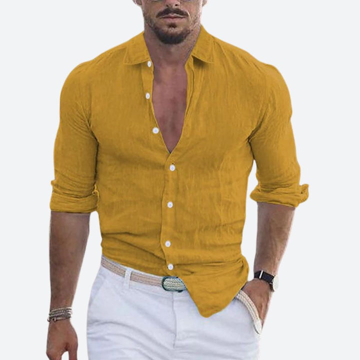 Slim fit-hørskjorte til mænd, åben krave, sommerskjorte med knaplukning