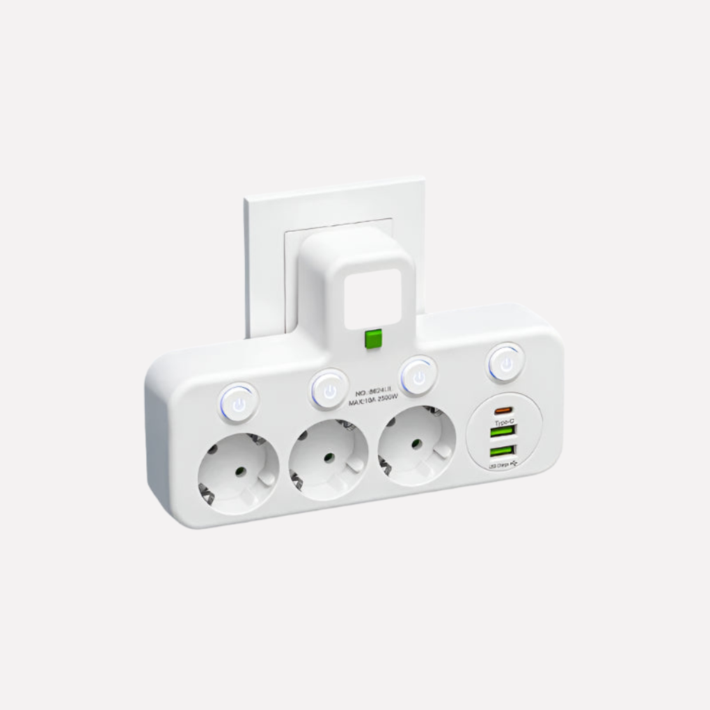 Strømskinne med USB- og Type-C-porte
