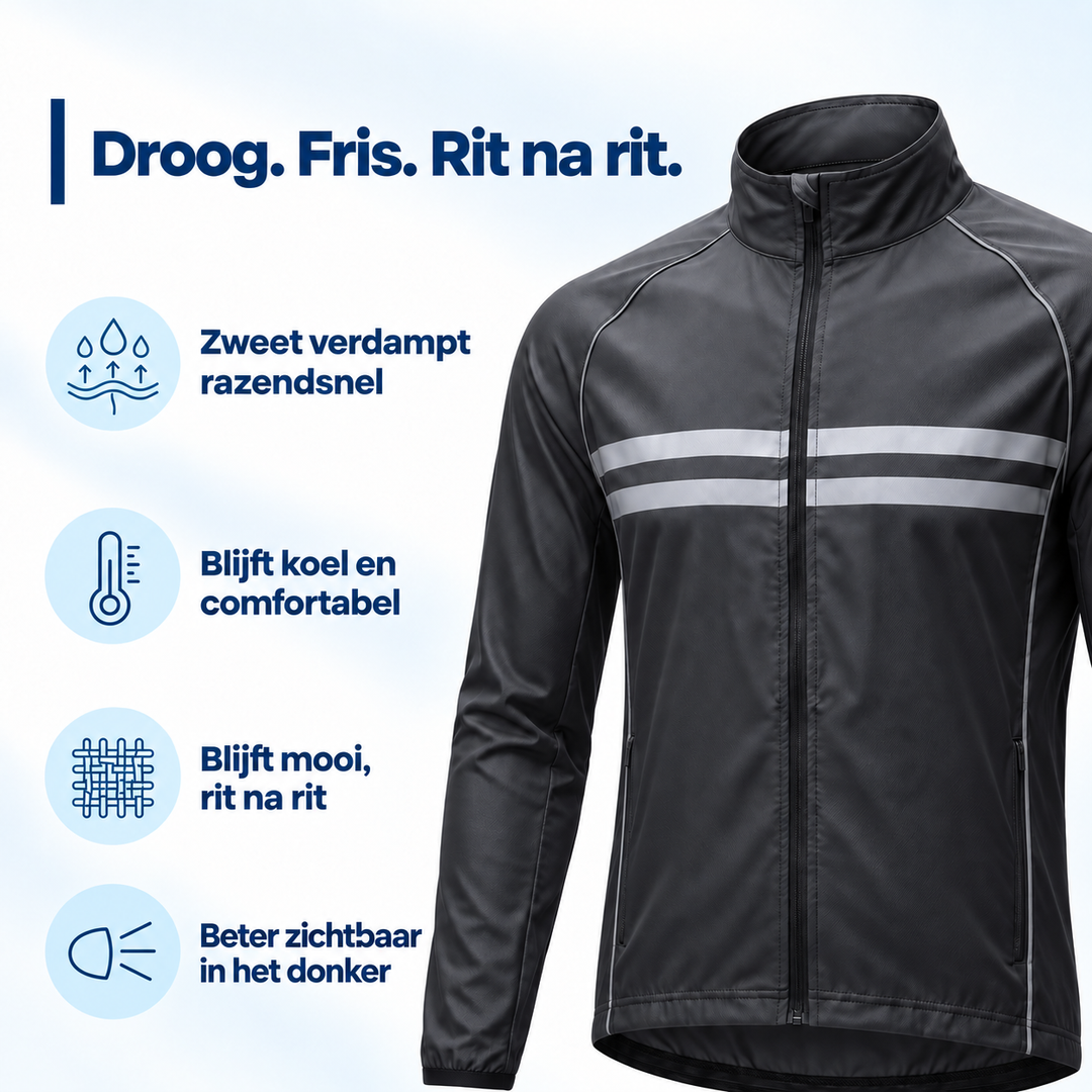 Vandtæt, vindtæt og åndbar cykeljakke med ventilationsåbninger under armene og reflekterende striber