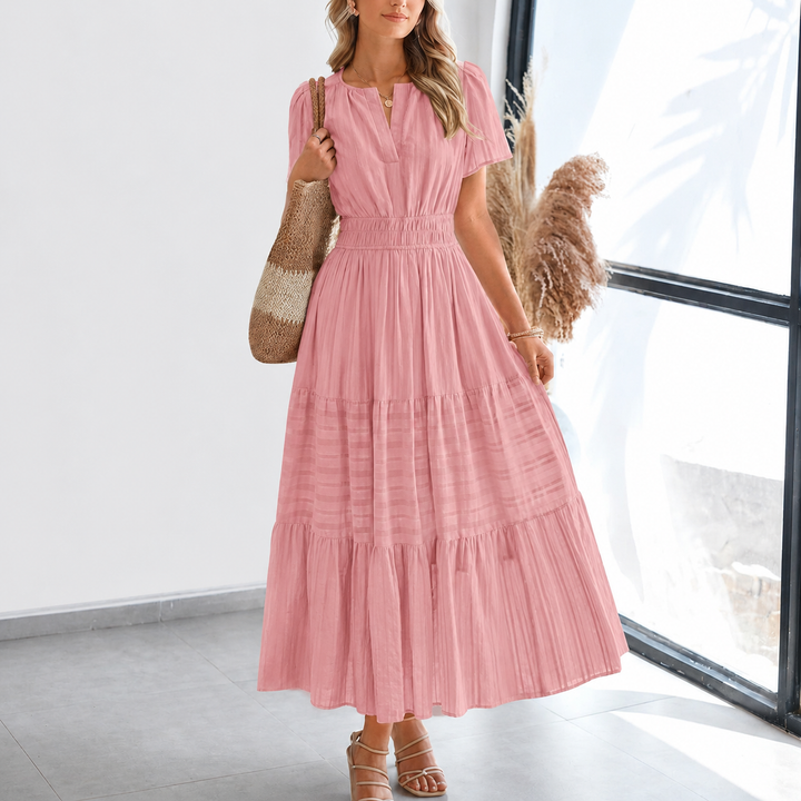 Kvinders Pleated Puff Sleeve Maxi Kjole