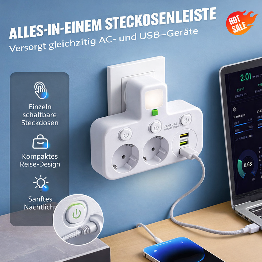 Stikdåse med USB og afbrydere | Multistikdåse med overspændingsbeskyttelse 2500 W