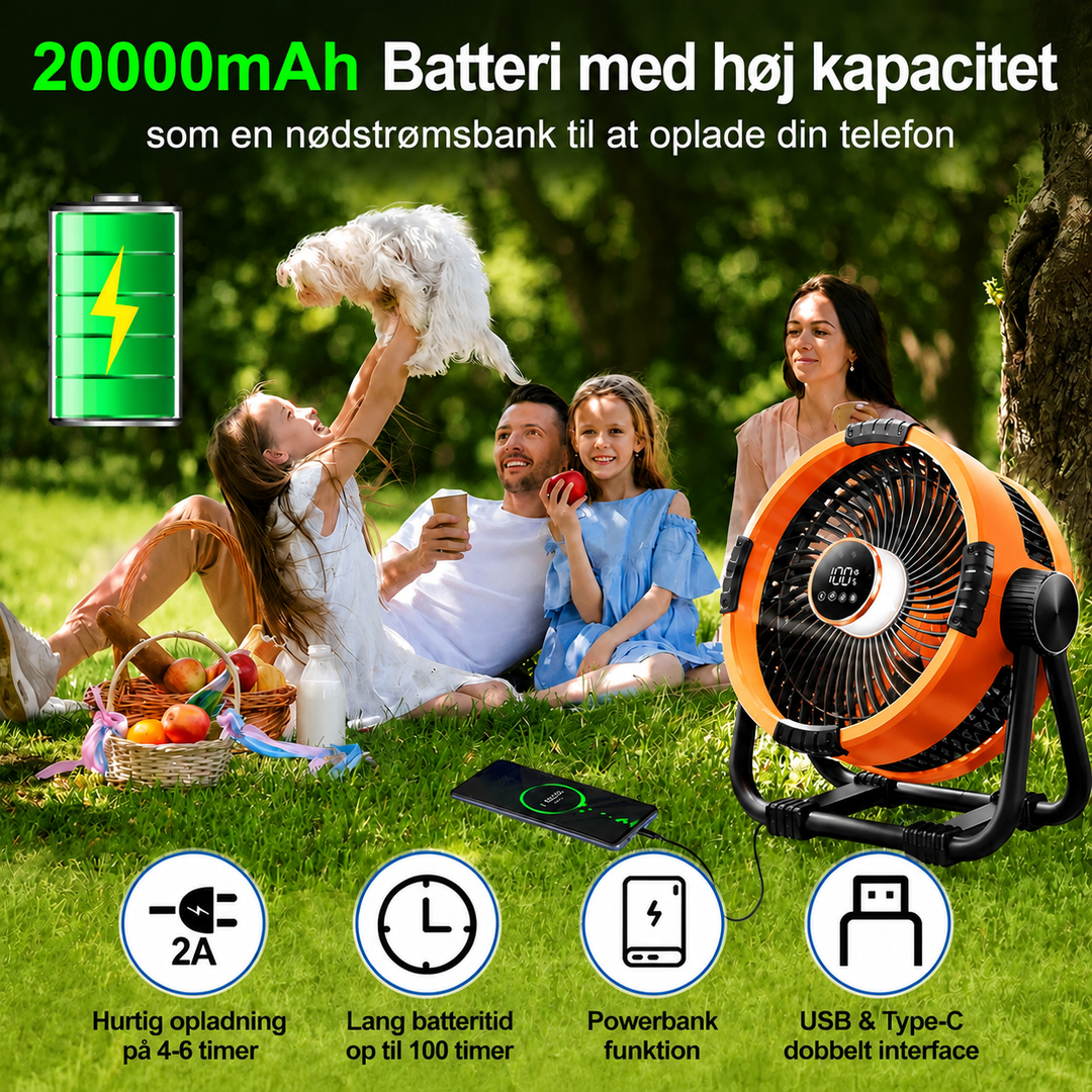 Campingvifte med 20.000 mAh powerbank