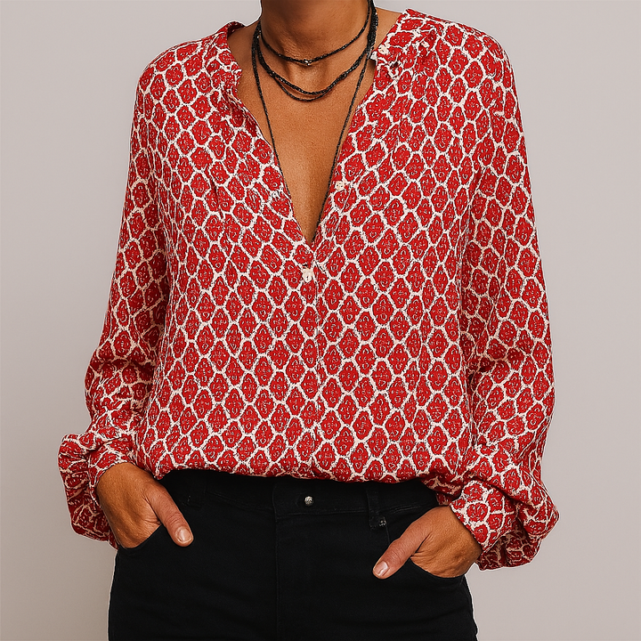 Elegant bluse med V-hals og print