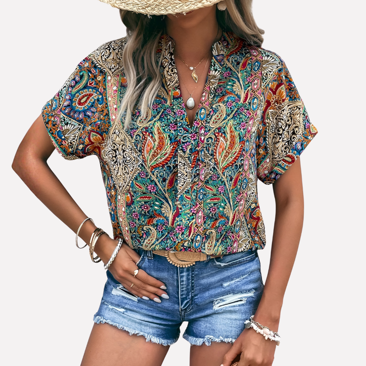 Damebluse med V-hals, paisley-print og drop-shoulder