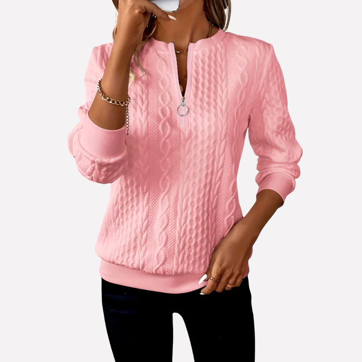 Kvinders Kabelstrik Pullover med Lynlås ved Halsen