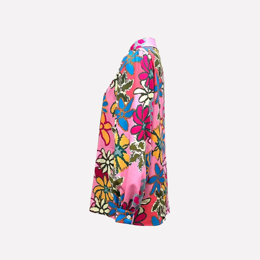 Dameskjorte med blomsterprint og knapper foran, langærmet