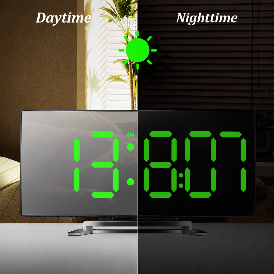 Digitalt vækkeur | Buet LED-spejldisplay | Automatisk justering af lysstyrke