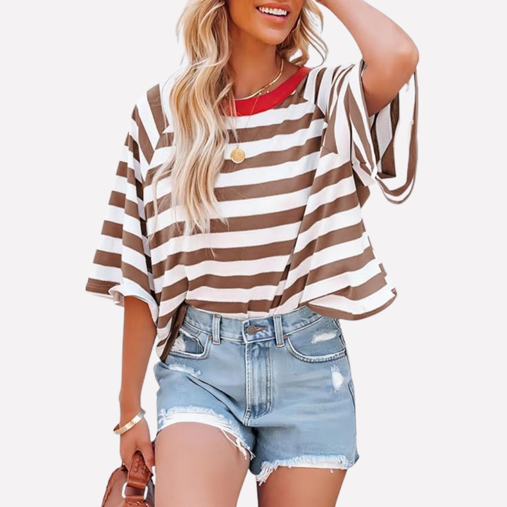 Kvinders Stribede Farveblok Crewneck Top