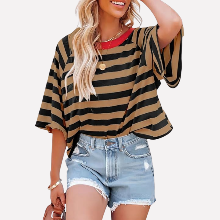 Kvinders Stribede Farveblok Crewneck Top