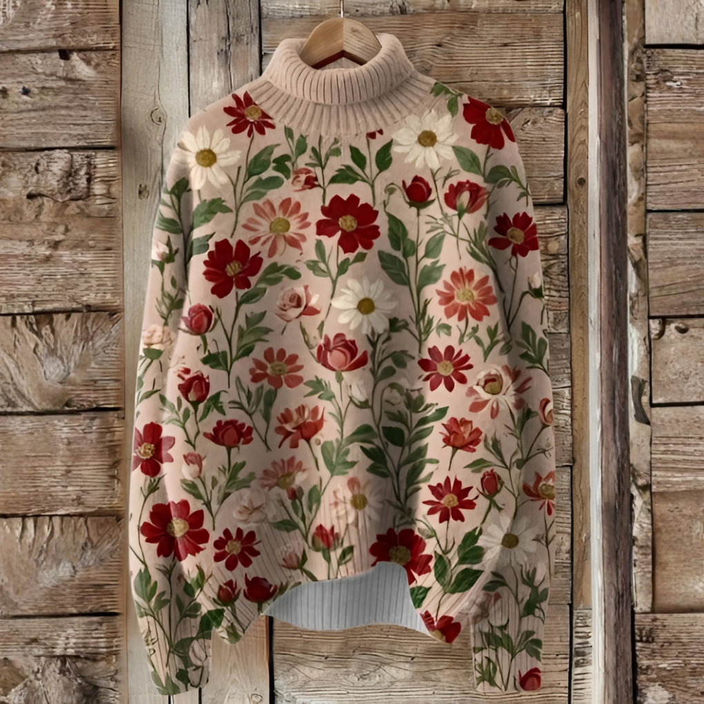 Vintage julekunstprint strikket rullekrave-pullover