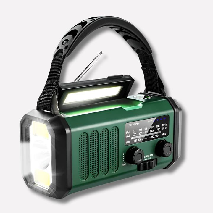 Nødradio med håndsving, solpanel og powerbank-funktion