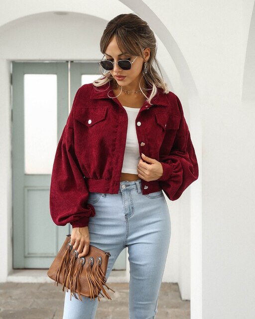 Hanna - Vintage Corduroy Bomber Jakke med Lanterneærmer til Kvinder-Modiva