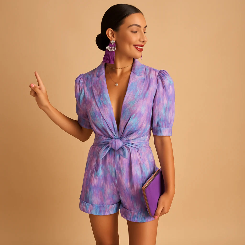 Kort Jumpsuit med Bælte og Livligt Print til Kvinder