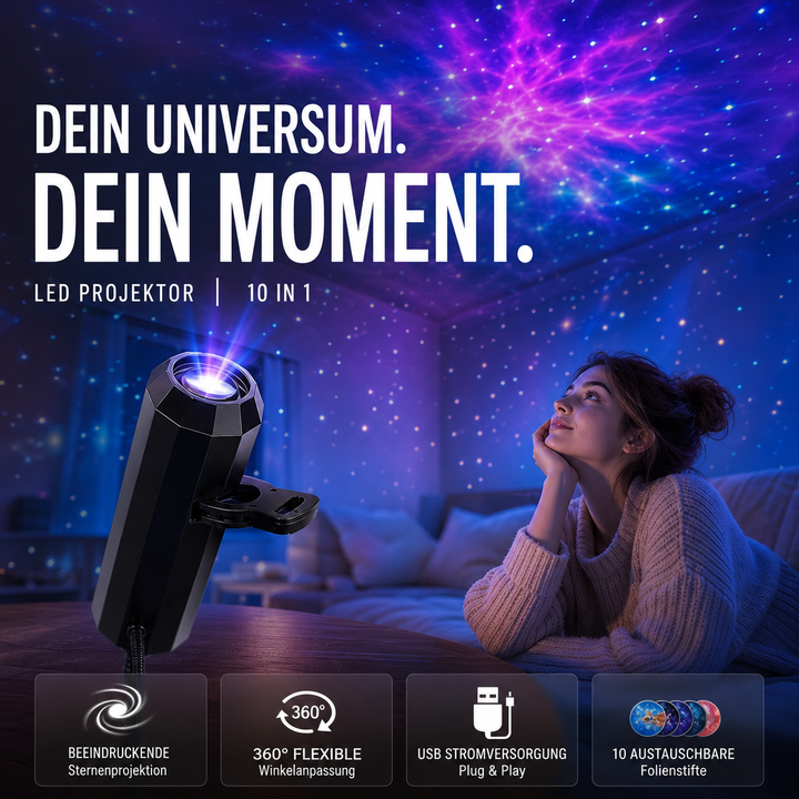 LED-galakse-stjerneprojektor med 10 lysbilleder og fleksibel USB-arm
