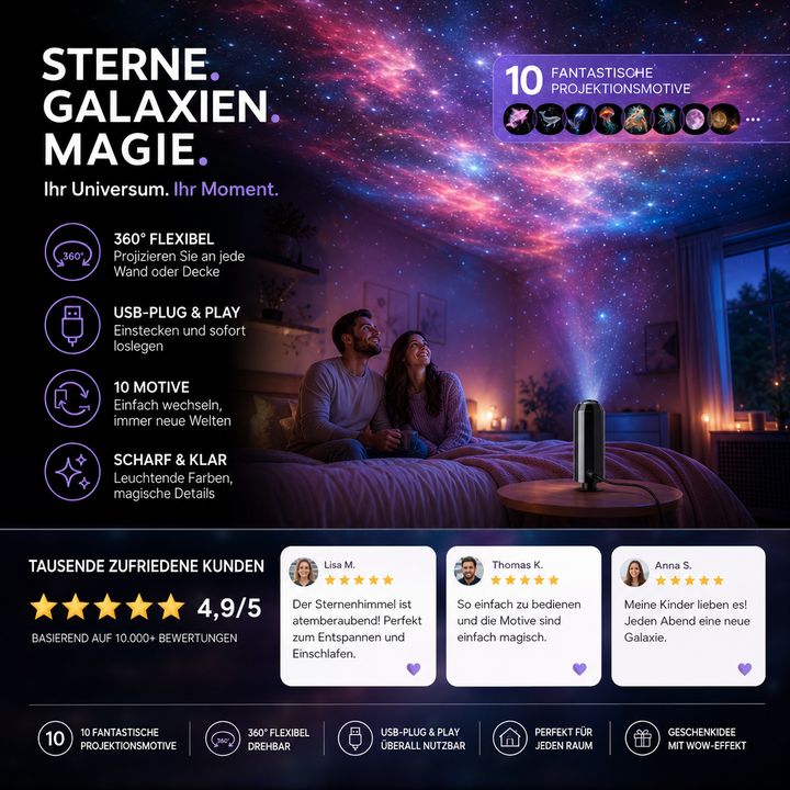 LED-galakse-stjerneprojektor med 10 lysbilleder og fleksibel USB-arm
