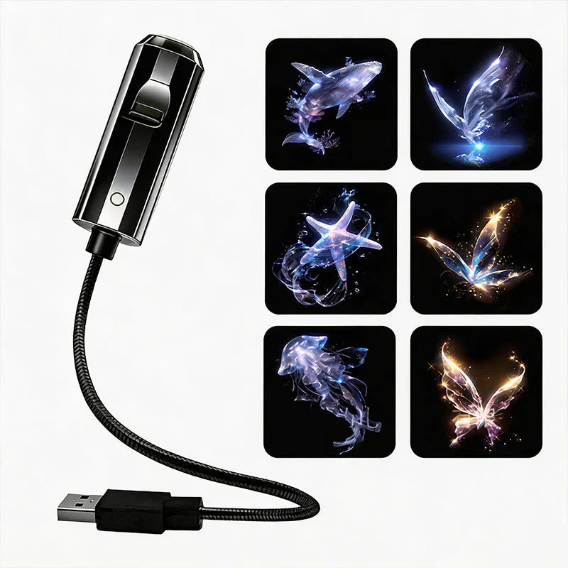 LED-galakse-stjerneprojektor med 10 lysbilleder og fleksibel USB-arm