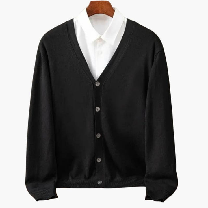 Herre V-hals knap-front cardigan – Klassisk striklag