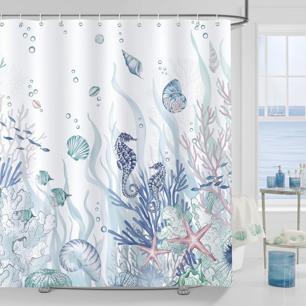 Badeforhæng i polyester med havmotiv - OceanMuse