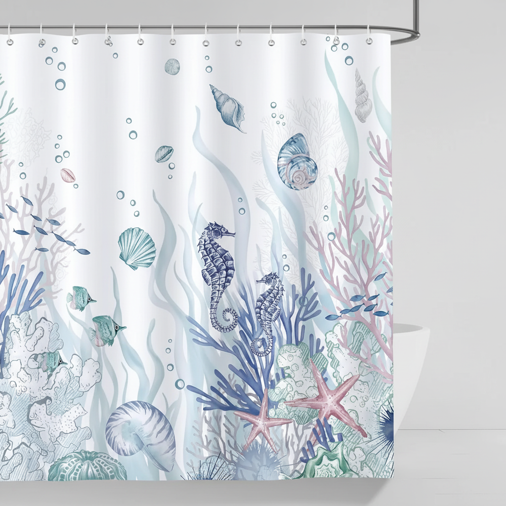Badeforhæng i polyester med havmotiv - OceanMuse