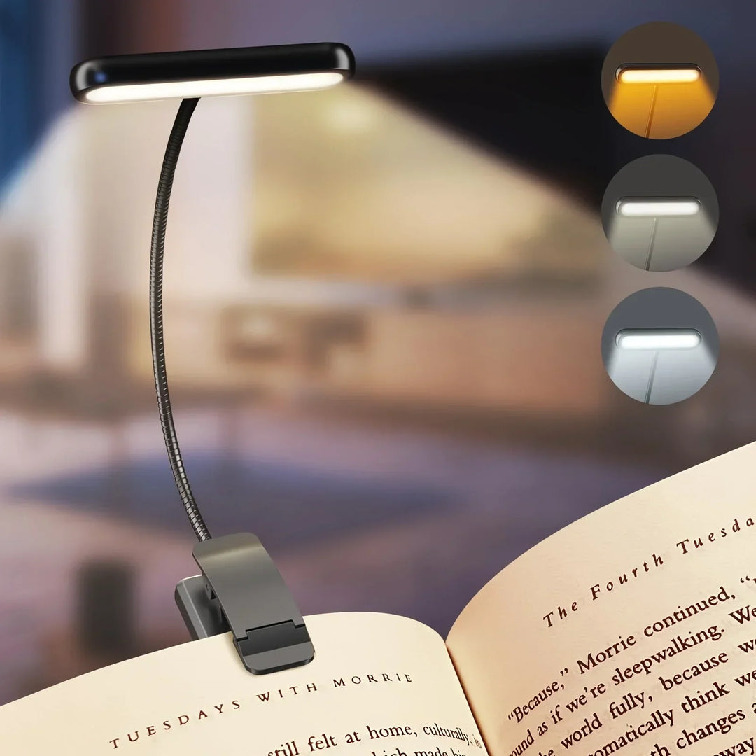 FlexiRead læselampe | Genopladelig via USB | 3 lysfarver og dæmpbar | Klip og fleksibel arm