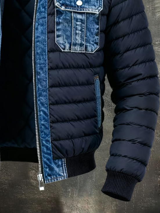 Herre-denimjakke med stå-krave og lynlås foran, blå