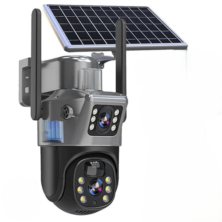 Soldrevet overvågningskamera med dobbelt objektiv | 10x zoom, 360° PTZ | 12.000 mAh, IP66