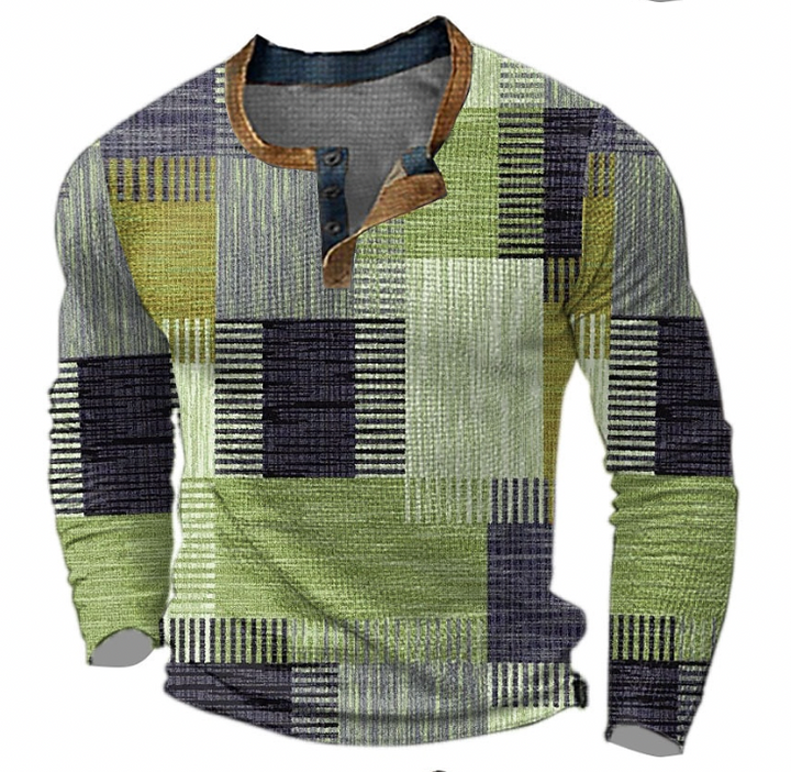 Henley-sweatshirt til herrer med knaplukning og geometrisk mønster