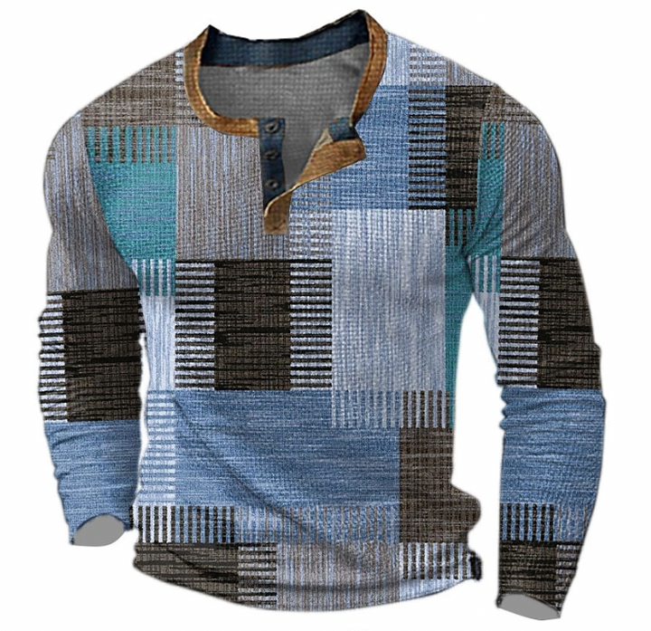 Henley-sweatshirt til herrer med knaplukning og geometrisk mønster