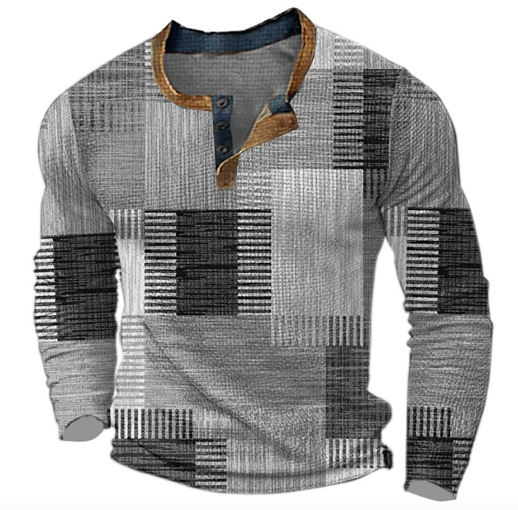 Henley-sweatshirt til herrer med knaplukning og geometrisk mønster