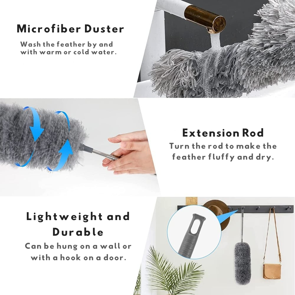 Teleskopisk mikrofiber-støvmoppe | Ekstra lang rækkevidde | Fleksibelt hoved | Vaskbar | DustReach