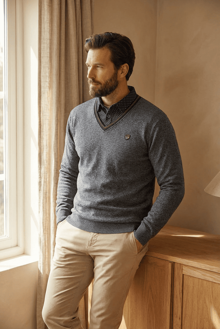 Pullover med V-hals og krave - Ian