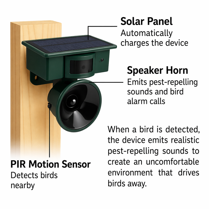 Fugleafskrækker | Solcelledrevet Sensor | Naturlige Rovfuglelyde | Birdfend