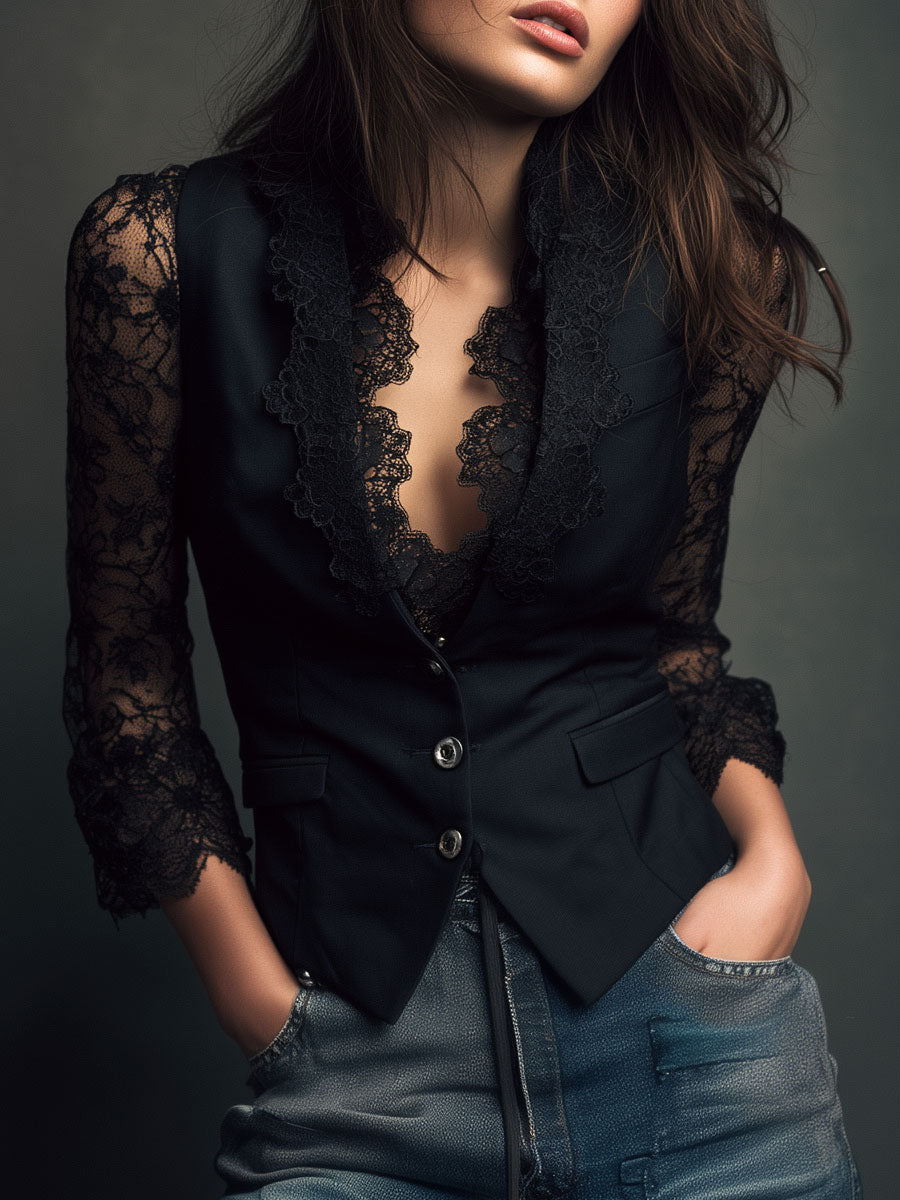 Blazerbluse til kvinder med blondekant – elegant aftentop