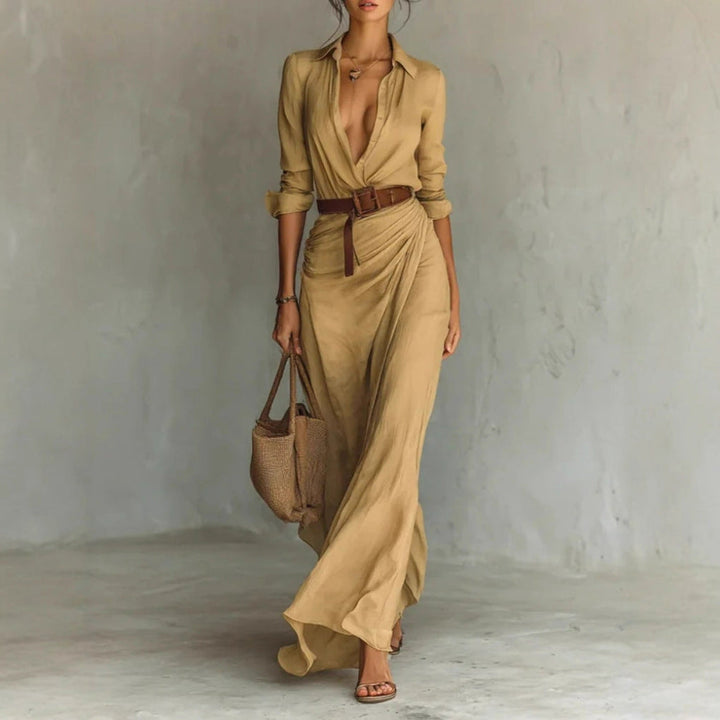 Irregular Long Dress With Belt And Button Lapel Long-Sleeved Shirt Dress