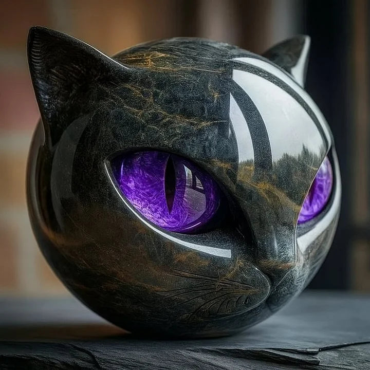 NoirCat-skulptur – Sort Kattehoved med Hypnotiske Øjne