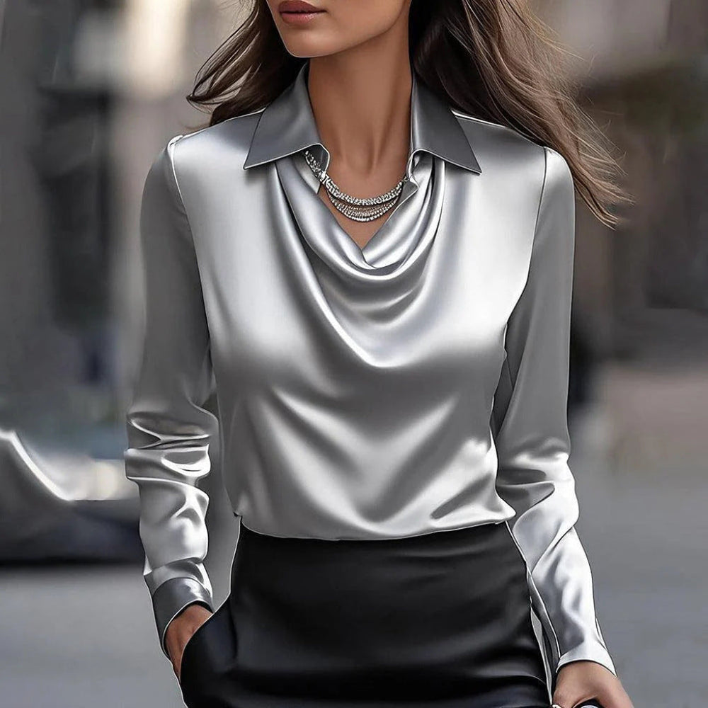 Swing Collar Draped Blouse Long Sleeve Solid Satin Office Top