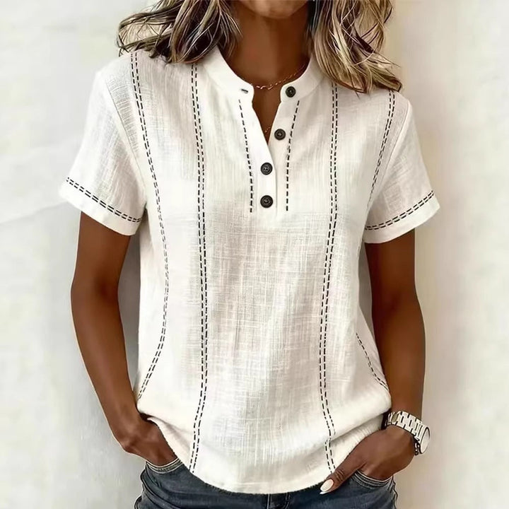 Summer Striped Short-Sleeve Shirts Casual Stand-Collar V-neck Button Blouse Womens Clothing